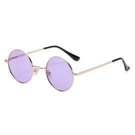 qinqilanqi-S Vintage Runde Sonnenbrille für Damen und Herren, polarisierte Sonnenbrille mit Metallrahmen，Hippie ，UV400 (Gold/Lila)