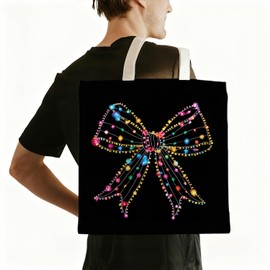 CosxHabitat Coquette Christmas Lights Bow Tote Bag, Glitter Christmas Canvas Tote Bags for Women, Preppy Bow Holiday Xmas Reusable Grocery Shopping Bag