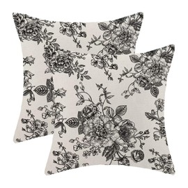 AEIOAE Black Floral Pillow Covers 18 x 18 Inch Set of 2, Vintage Black Chinoiserie Flower Decorative Throw Pillow Covers Outdoor Linen Farmhouse Decor Pillowcase for Home Sofa