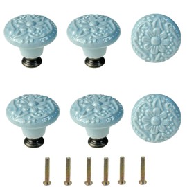 Mimhooy 6Pcs Ceramic Drawer Knobs Vintage Cabinet Pulls, Retro Dresser Knobs, Decorative Flower Knobs for Cupboards & Draws Sky Blue, Furniture Pull Handles