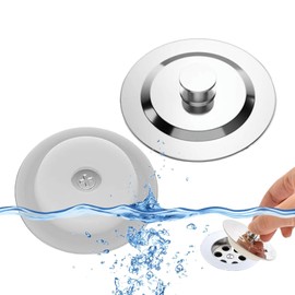 2 PCS Bath Plug, Universal Bath Plug With Chain Stainless Steel Push Type Bath Plug Sink Plug Replacement, Universal Bath Plug UK Set for Bathtub, Kitchen, Laundry Sink