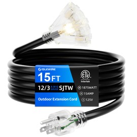 islewire 15 FT Outdoor Extension Cord with Multiple Outlets, 12 Gauge Heavy Duty Black Extension Cord Waterproof with 3 Outlet, 3 Prong Power Cord for Garden and Home Use Indicator Light, ETL Listed