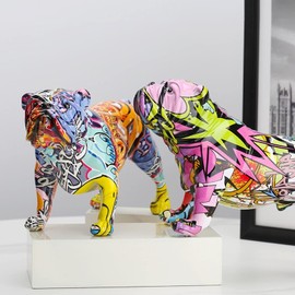 suruim Creative Colorful English Bulldog Figurines Modern Graffiti Art Home Decorations Room Bookshelf TV Cabinet Decor Animal Ornament (A)