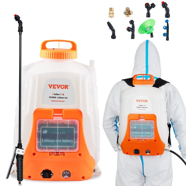 VEVOR Battery Powered Backpack Sprayer, 0-90 PSI Adjustable Pressure, 4 Gallon Tank, Back Pack Sprayer with 8 Nozzles and 2 Wands, 12V 8Ah Battery, Wide Mouth Lid for Weeding, Spraying, Cleaning