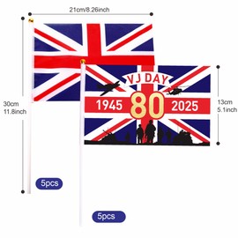 10pcs VJ DAY Flags on Sticks for 80th Anniversary Decorations, 14x21cm Hand Held VJ DAY Small Flag Mini Union Jack Flags for WW2 80 Years Victory In Japan 1945-2025 Decoration
