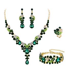 EVER FAITH Rhinestone Jewelry Sets for Women, Crystal Vintage Floral Wave Teardrop Pendant Necklace Dangle Earrings Bracelet Ring Set Green Gold-Tone