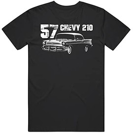 PurpleMonkeyTees 1957 Chevy 210 Front Three Quarter View with Model and Year T Shirt XL Black
