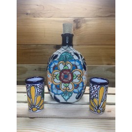Pueblo Viejo Ceramics Ceramic Stoneware 3 Pc Floral Pattern Liquor Tequila Set Decanter Shot Glasses - Set 1