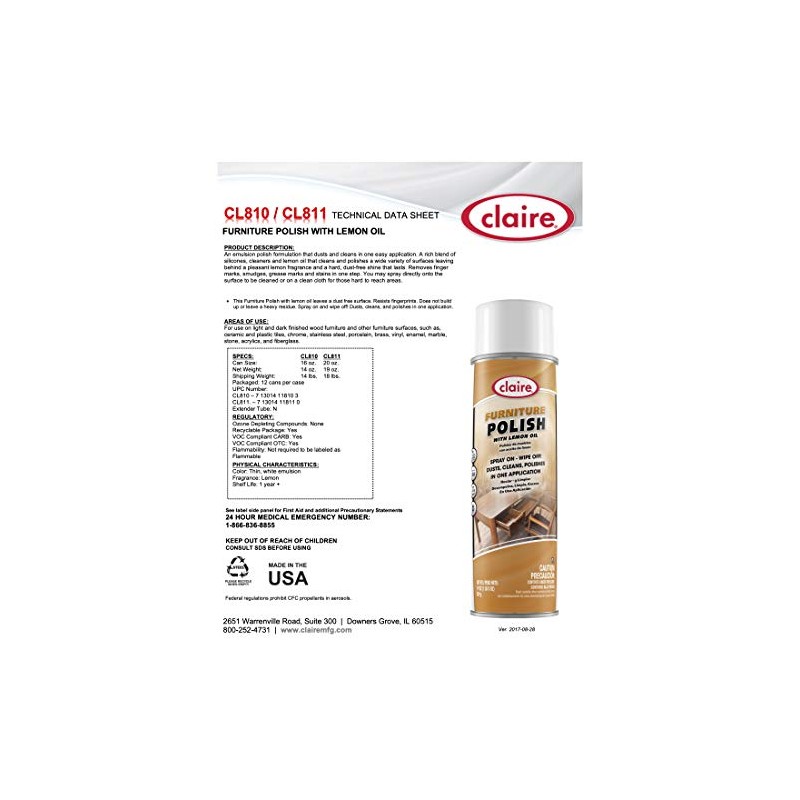 Claire CL811-12pk Furniture Polish with Lemon Oil, Orange, 19 Oz,
