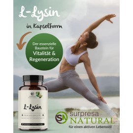 L-Lysine 1000 mg 120 Capsules - L-Lysine Hcl/ - of which L-lysine / 800 mg High Dose Amino Acid High Bioavailability Laboratory Tested Vegan - Gluten and Lactose Free (1)