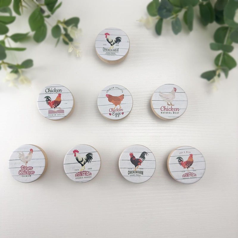 JamJam Set of 8 1.8" Wooden Round Animals Chicken Rustic