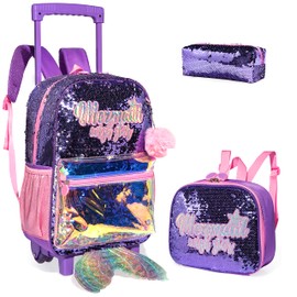 kids Rolling Kid Travel Toddler Duffle Bag Mermaid Backpack for Girls Carry on Luggage Roller Computer Suitcase with Pencil Case and Lunch Box Wheels Wheeled Sequins Backpacks Girls Gradient Purple