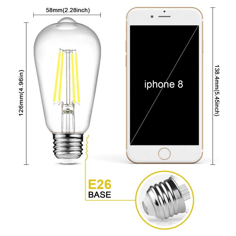 Ascher Vintage LED Edison Bulbs, 6W, Equivalent 60W, Non-Dimmable, Daylight