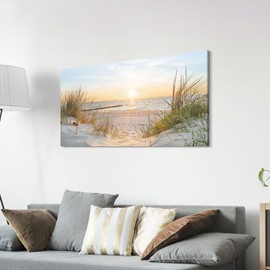 SD SOFT DANCE Coastal Canvas Wall Art Decor: Beach Sunset Scenes Picture Sea Ocean Artwork Seascape Seaside Print Modern Seashore Grass Dunes Painting for Living Room Home Office 48 x 24 Inch