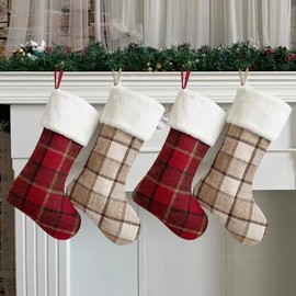 Vanteriam 4 Pack Buffalo Plaid Christmas Stockings, 22 Inch Large Red & Beige Checked Xmas Stocking for Family Decorations Holiday Party Décor