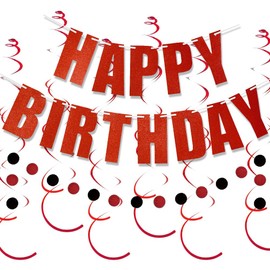 Aeniaza Happy Birthday Sign Red with Circle Confetti Garland Swirl Streamers for Men Women Birthday Party Set