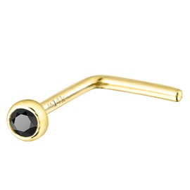 Solid 14K Yellow Gold L-Shape Stud Bezel Set 1.5mm Black Moissanite 22G L-Bend Nose Stud - April Birthstone Nose Ring Stud LSBZ-BMNT15YG