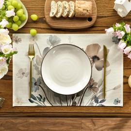 Artoid Mode Brown Poppy Floral Leaves Spring Placemats Set of 4, 12x18 Inch Seasonal Summer Table Mats for Party Kitchen Dining Decoration