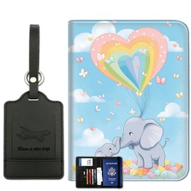 Passport Wallet, Passport Holder with RFID Blocking and Luggage Tag, Waterproof PU Leather Travel Documents Organizer Case, Passport Covers with Card Slot for Women & Men, Cute Cartoon Elephant