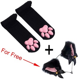 Cute Cat Paw Pad Thigh High Socks, Pink 3D Kitten Claw Mittens Long Fingerless Gloves and Fox Ear Headband for Girls Women Cat Cosplay