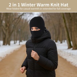 2 in 1 Balaclava Ski Mask Beanie, Winter Warm Knit Hat for Men Women, Foldable Polyester Trendy Beanie, Full Face Cover for Skiing, Cycling, Hiking, Cold Weather Outdoor Headwear