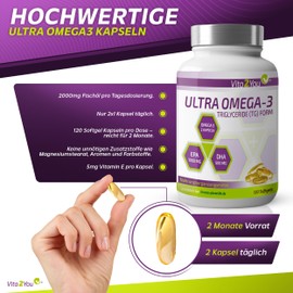 Vita2You Ultra Omega 3 Capsules 2000mg TG Form - 1000mg EPA & 500mg DHA per 2 Capsules - 120 Soft Gel Capsules - Fish Oil - High Dose - Premium Quality