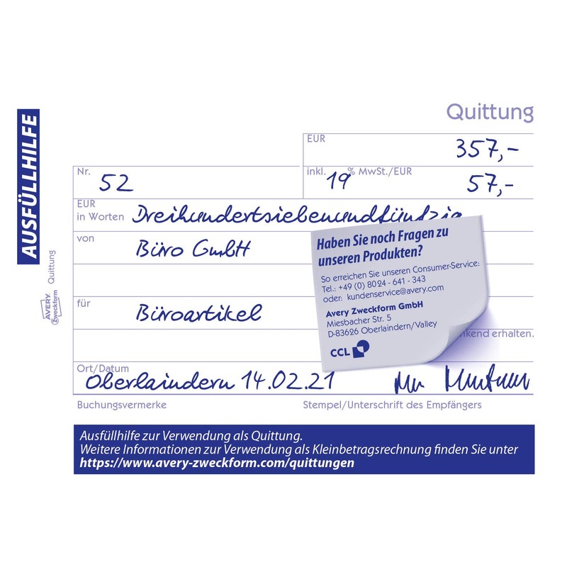 AVERY Zweckform 1255 receipt pad (A6 landscape, incl. VAT, tested