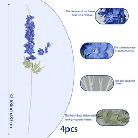 GhuaH 4Pcs Delphinium Artificial Flowers 33.5" Silk Flowers Bulk Larkspur Flower Long Stem Fake Delphinium Plant for Home Decor Tall Vase Autumn Floral Arrangement Centerpiece Bouquet Dark Blue