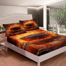 Feelyou Ice Hockey Sheet Set for Girls Boys Kids Full Puck Hockey Bed Set Room Decorative Fire Bed Sheets Ball Game Sheets 4Pcs,1 Fitted Sheet+2 Pillow Sham+1 Flat Sheet