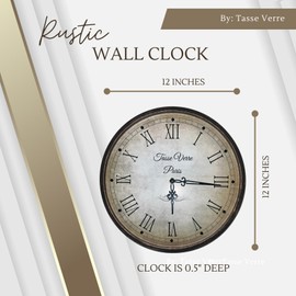 Tasse Verre 12 Inch Vintage Wall Clock - Farmhouse Decor Distressed White Washed Mechanical Quiet Silent - Retro Vintage Hanging Brown Non-Ticking Round