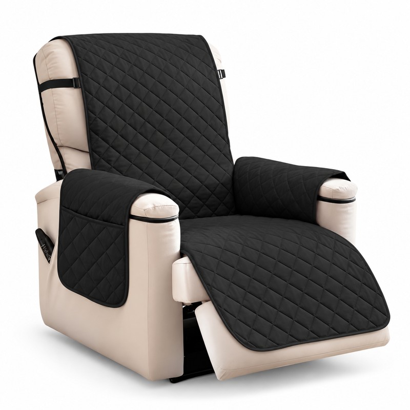 Gray Quilted Recliner Cover with Polyester Fabric, Side Storage Pocket