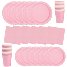 64Pcs Solid Color Party Tableware Set, Light Pink Disposable Tableware Set Include Plates Napkins and Cups Dessert Plates for Kids Party Birthday Wedding Table Decorations