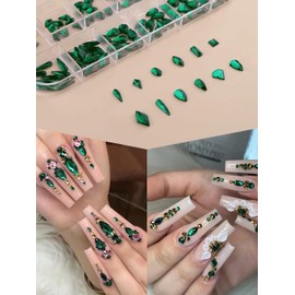 Kalolary 3120 Pcs Green Gems Nail Art Rhinestone Kit, Emerald Green Rhinestones, 12 Shapes, 6 Sizes, Includes Tweezers & Drill Pen
