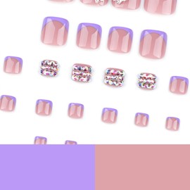 Purple French Tip Toe Press on Nails Short Square Toe Nail Press ons with Silver Butterfly Nail Charms Designs Rhinestone Press on Toenails for Women Artificial Toenails for Pedicure Decorations 24Pcs