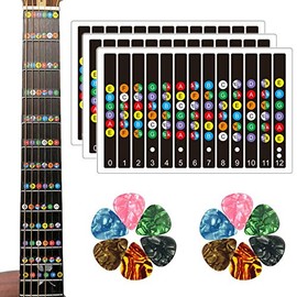 Guitar Stickers, 3 Pcs Guitar Fretboard Stickers for Beginnersï¼ Guitar Note Stickers With 12 Pcs Guitar Picks (3 Guitar Stickers)