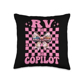 RV Copilot RV Camping Camper Motorhome Girl Mom Coquette Bow Throw Pillow
