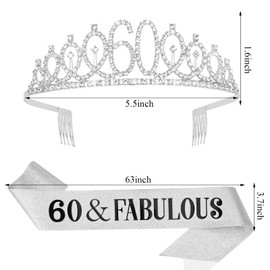 Exipsat Geburtstagskrone Schärpe, 60 Geburtstag Frau Schärpe und Strass-Tiara-Set, silberne Glitzer-Geburtstagsschärpe für Frauen zum 60. Geburtstag, Geschenke zum 60. Geburtstag