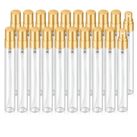 Jxcmeng 20Pcs 10ml Empty Clear Glass Mist Spray Bottle Refillable Mini Perfume Atomizer Travel Sample Bottle with Golden Aluminized Nozzle Makeup Container for Perfume (10ml Gold Caps)