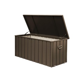 ChicFurnit Outdoor Storage Box, 100 Gallon Deck Box with Lockable Metal Lid & Portable Side Handles, Outdoor Storage Bin with Stable Support Rod, Soft Close Mechanism & Mobility Rollers, Dark Brown