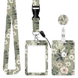 ID Badge Holder with Breakaway Lanyard, Retractable Badge Reel,Lanyards for Id Badges，Work Name Tag Breakaway Lanyard ID Card Protector Case for Teacher Nurse Work Office(Cute Boho Green Flower)