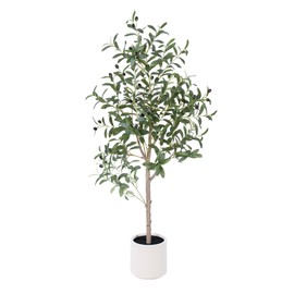 Olive Tree Artificial Indoor, 4ft Tall Silk Faux Olive Tree with White Planter, Artificial Plants with Natural Wood Trunk and Lifelike Fruits for Home Office Decor