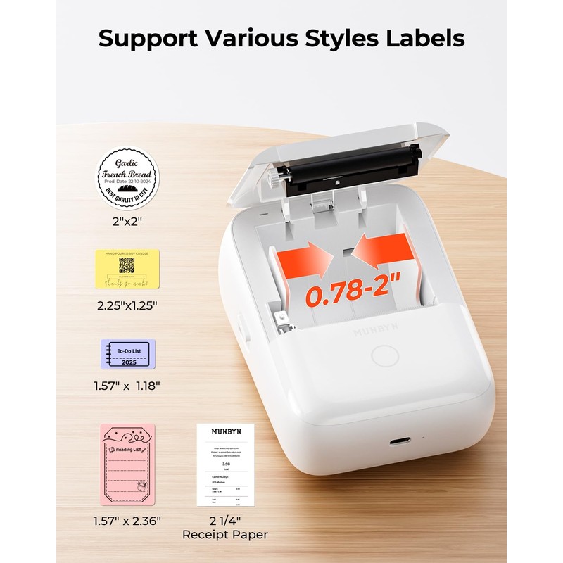 MUNBYN Portable Label Maker Machine with Tape，Bluetooth Thermal Printer with