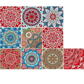 Self-Adhesive Mandala Tile Stickers Peel and Stick Waterproof Wall Backsplash Decals, DIY Murals Home Decor for Kitchen/Living Room/Bathroom in Moroccan Talavera Design (10PCS, 4x4 Inch, Red)