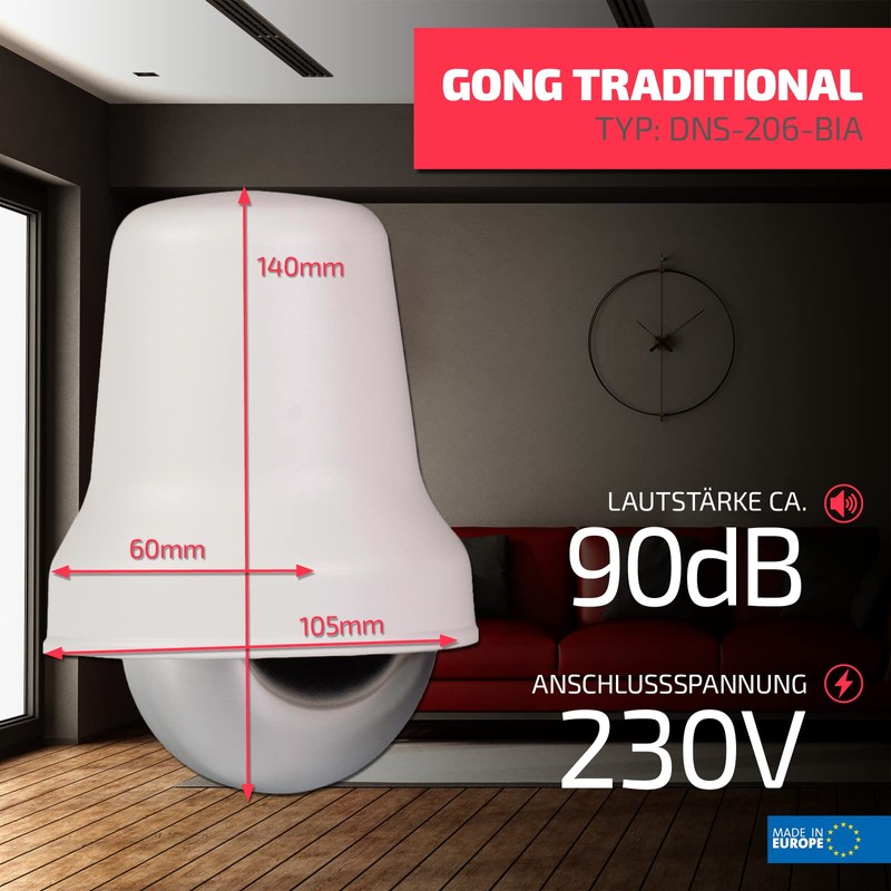 Sundi DNS-206-BIA Electromechanical Wired Doorbell 230 V, Traditional Bell, White