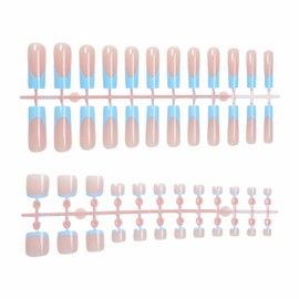 MISUD 48 Pcs Press on Nails Long Square & Press on Toenails Set Glossy Glue on Nails Summer Blue French Tip Fake Nails Supplies Hand Acrylic Nails Kit False Toe Nails Art with Design DIY