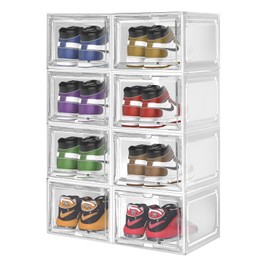 LQCHETOU 8 Pack, Shoe Box Clear Plastic Stackable,Drop Front Shoe Box with Clear Door,Shoe Organizer and Shoe Containers For Sneaker Display,Fit up to US Size12 (clear, 8 Pack)