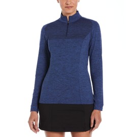 Perry Ellis Women's 1/4 Zip Long Sleeve Heather Golf Pullover, Sun Protection, Water-Repellent, Enhanced Stretch, Breathable, Peacoat HTR, Medium