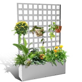 Metal Planter Box with Trellis, Raised Garden Bed with Trellis, 71"x47"x12" Planter Box with Privacy Screen and Drainage Holes for Climbing Plants, Flower, Privacy Planters for Patio, White