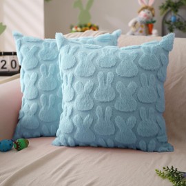 DFXSZ Easter Pillow Covers 20x20 inch Set of 2 Easter Decoration Blue Rabbit Soft Plush Faux Fur Jacquard Throw Pillows for Bedroom Sofa Holiday Festivals Home Decor FHJ-010D20