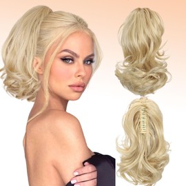 Webshaiy Short Ponytail Extension Pferdeschwanz Verlängerung 30cm Kurz Klaue Clip in Pferdeschwanz Haarverlängerungen Lockig Wellig Haarverlängerungen Synthetisches Haarteil für Frauen Natural Blonde